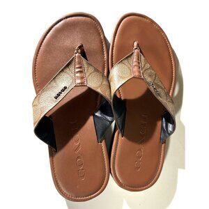 Coach Womens Tan/Brown Monogram Thong Sandals Size 7D Leather & Canvas